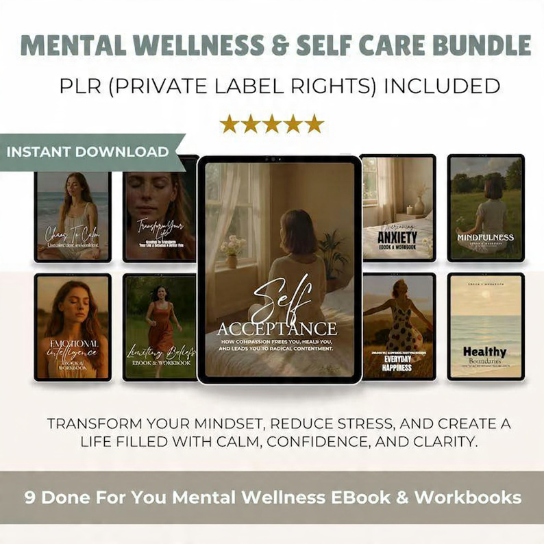 Mental Wellness and Self-Care PLR Bundle | Done-for-You eBooks and Workbooks | Mindset Coach Resources | Editable Canva Templates | Resell Rights Included