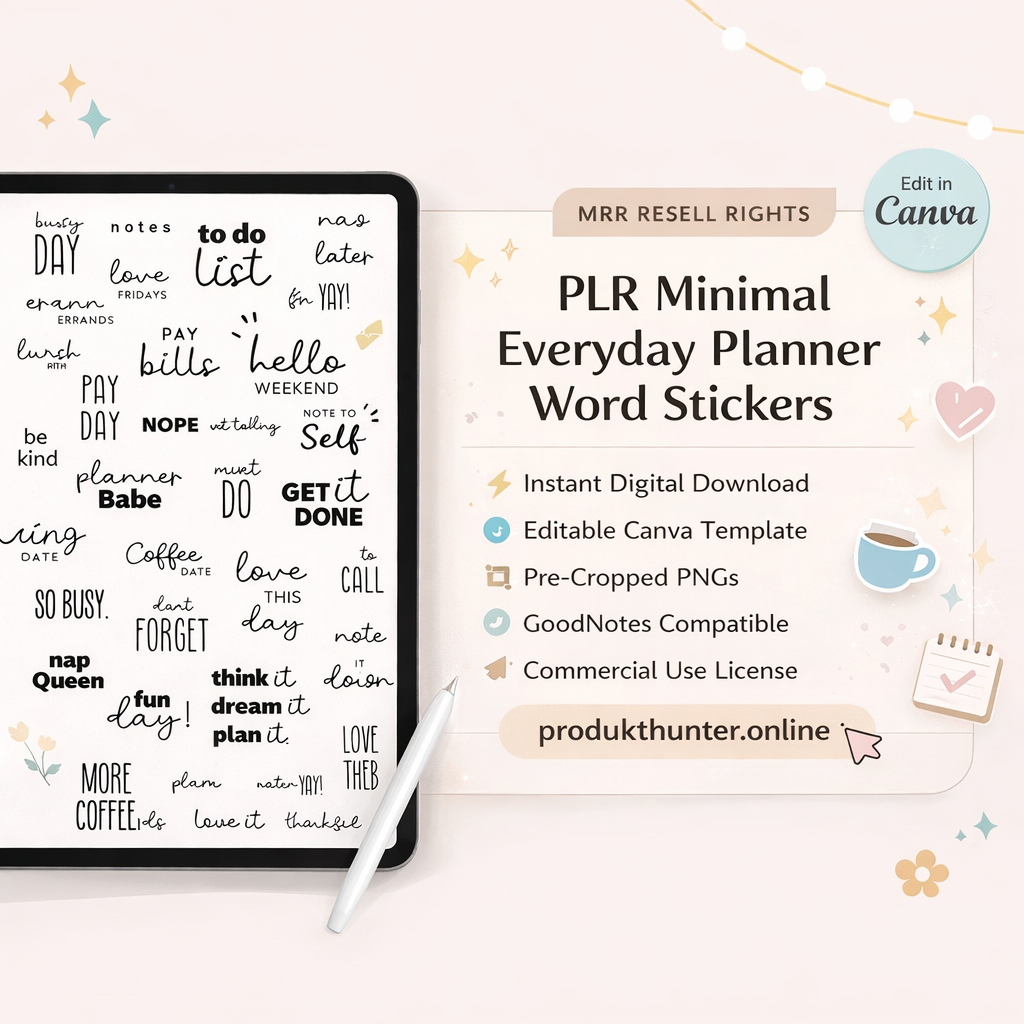 PLR Minimal Everyday Planner Word Stickers (MRR Resell Rights) | Instant Digital Download | Editable Canva Template | Pre-Cropped PNGs | GoodNotes Compatible | Commercial Use License