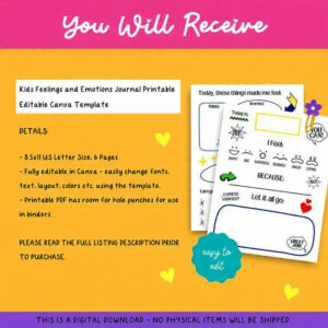 PLR Kids Feelings and Emotions Journal – Printable PDF & Canva Template | Commercial Resell Rights | GoodNotes Compatible | Anxiety and Mental Health