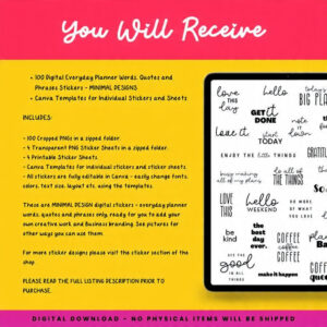 PLR Minimal Everyday Planner Word Stickers (MRR Resell Rights) | Instant Digital Download | Editable Canva Template | Pre-Cropped PNGs | GoodNotes Compatible | Commercial Use License