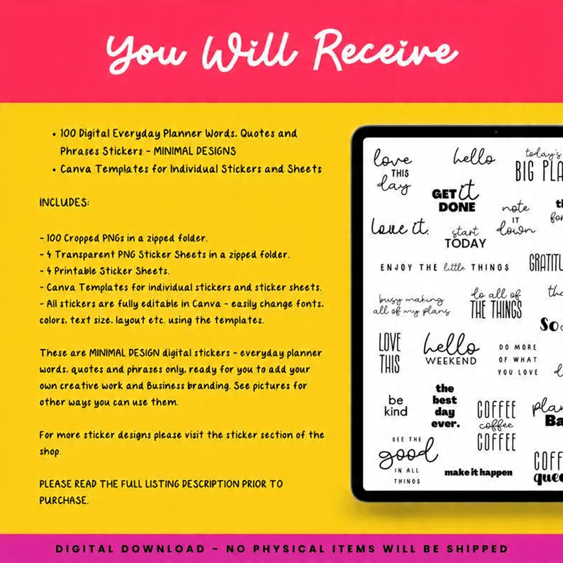 PLR Minimal Everyday Planner Word Stickers (MRR Resell Rights) | Instant Digital Download | Editable Canva Template | Pre-Cropped PNGs | GoodNotes Compatible | Commercial Use License - Image 2